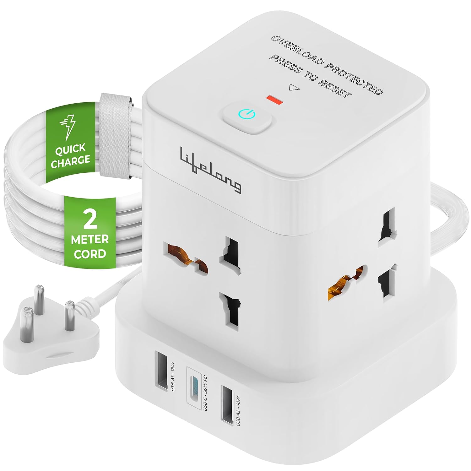 Lifelong Electronics Extension Board 7-in-1 with Switch | 4 AC Sockets + 3 USB Ports (2 Type A + 1 Type C)